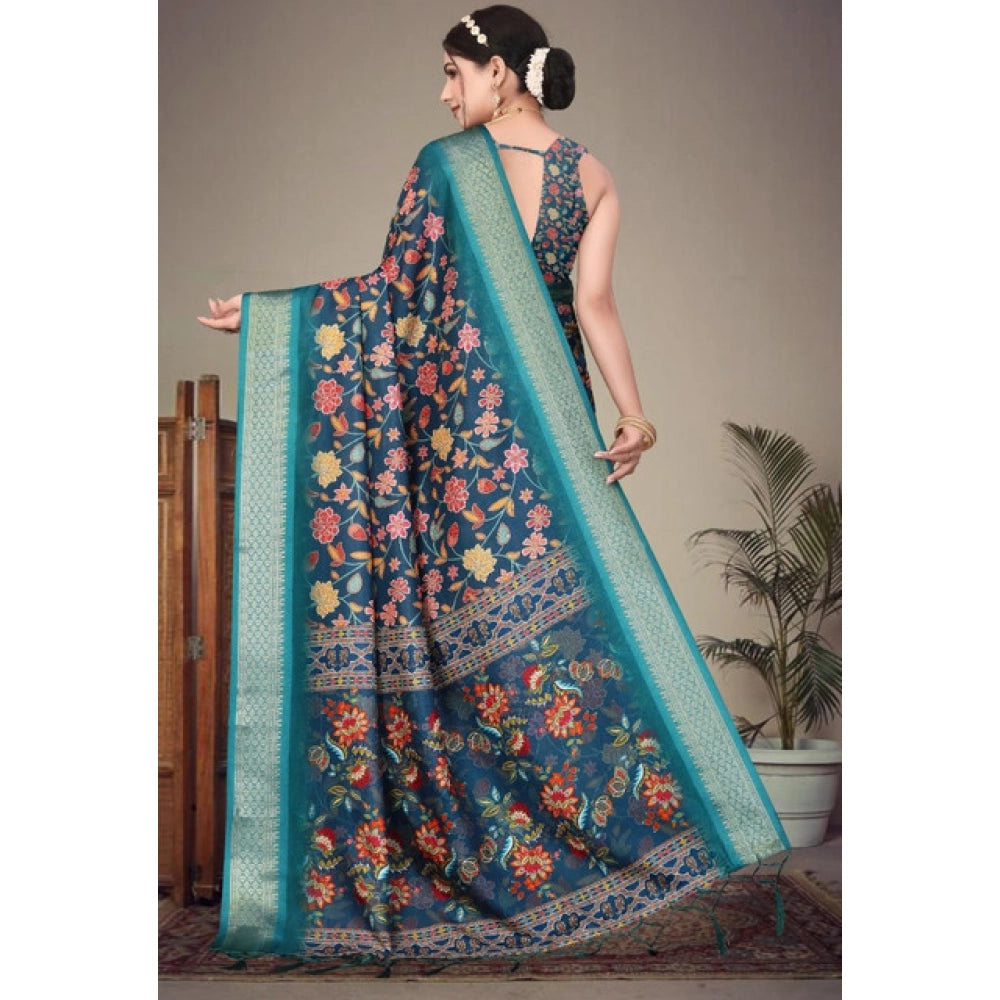Women's Cotton Silk Printed Saree With Unstitched Blouse 5.5 Mtr (Blue)