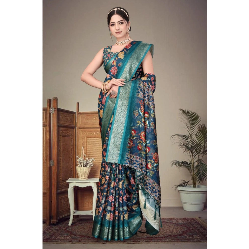 Women's Cotton Silk Printed Saree With Unstitched Blouse 5.5 Mtr (Blue)