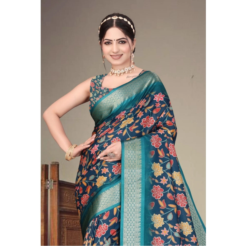 Women's Cotton Silk Printed Saree With Unstitched Blouse 5.5 Mtr (Blue)