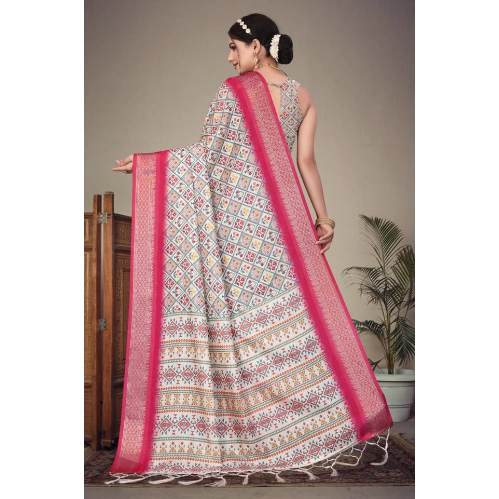 Women's Cotton Silk Printed Saree With Unstitched Blouse 5.5 Mtr (Pink)