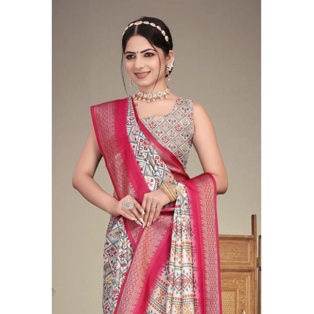 Women's Cotton Silk Printed Saree With Unstitched Blouse 5.5 Mtr (Pink)