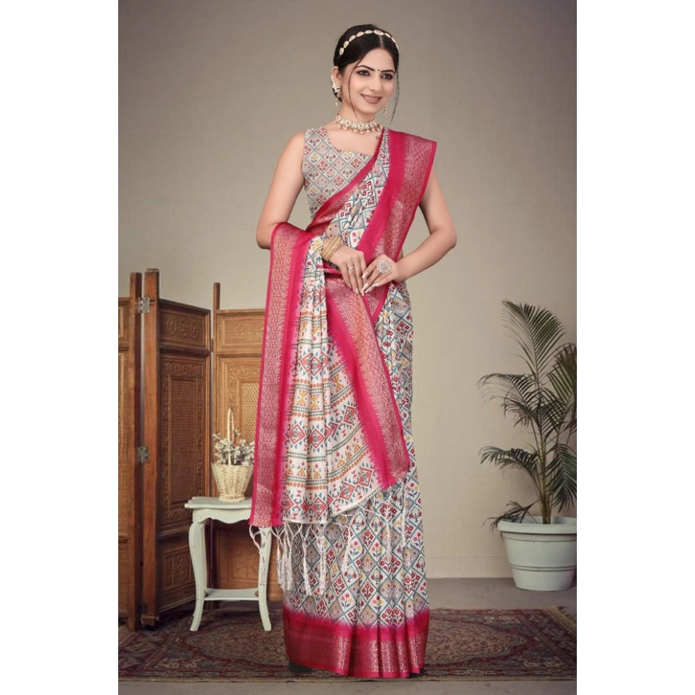 Women's Cotton Silk Printed Saree With Unstitched Blouse 5.5 Mtr (Pink)