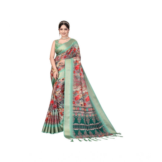 Women's Cotton Silk Printed Saree With Unstitched Blouse 5.5m (Light Green)