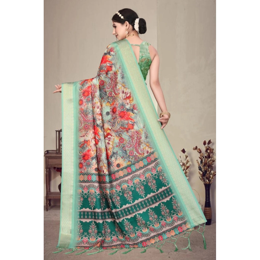 Women's Cotton Silk Printed Saree With Unstitched Blouse 5.5 Mtr (Light Green)