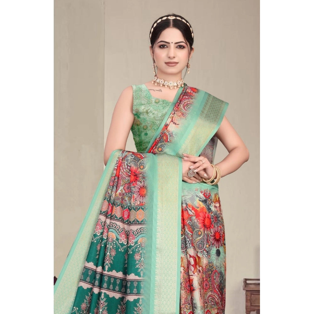 Women's Cotton Silk Printed Saree With Unstitched Blouse 5.5 Mtr (Light Green)