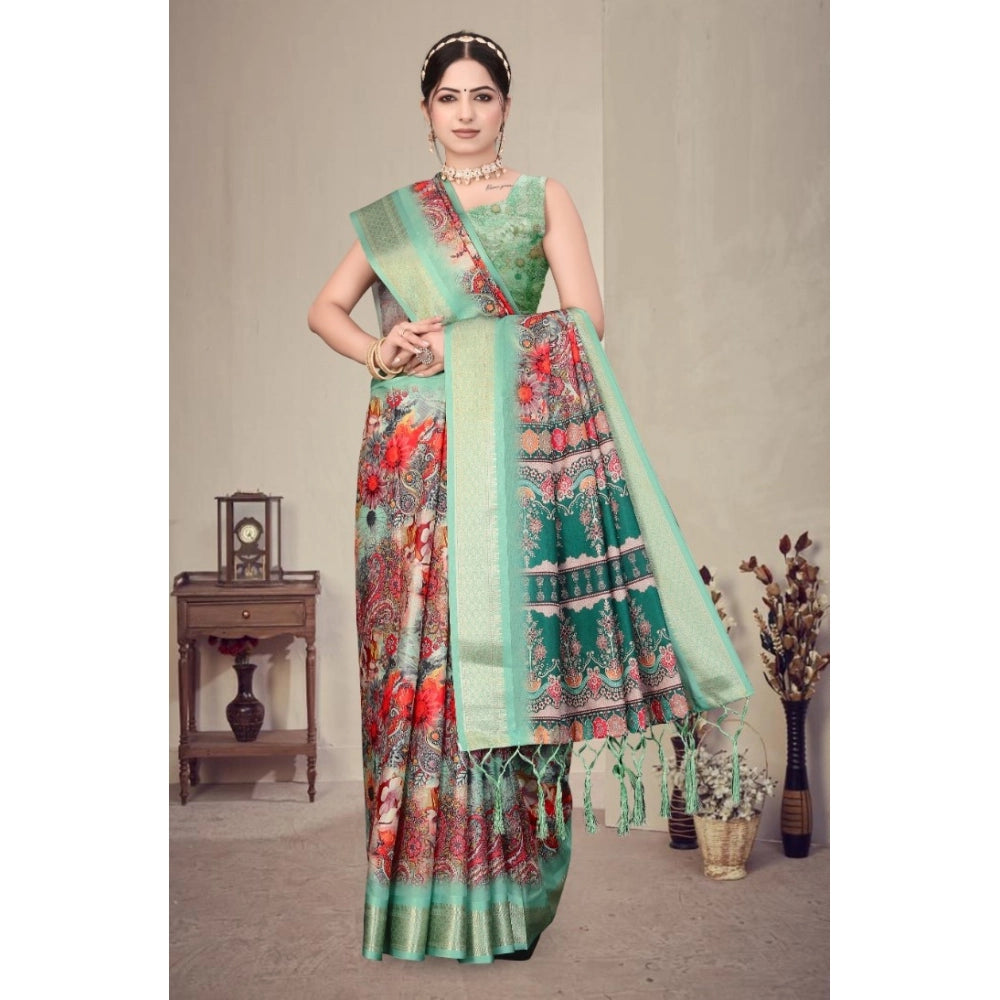 Women's Cotton Silk Printed Saree With Unstitched Blouse 5.5 Mtr (Light Green)