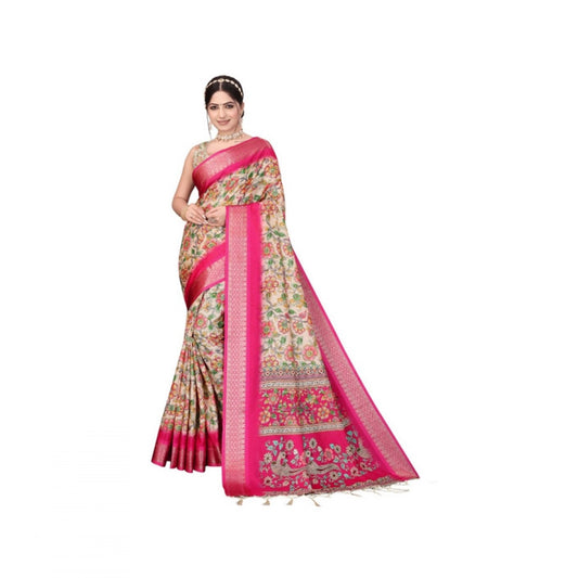 Women's Cotton Silk Printed Saree With Unstitched Blouse 5.5m (Pink)