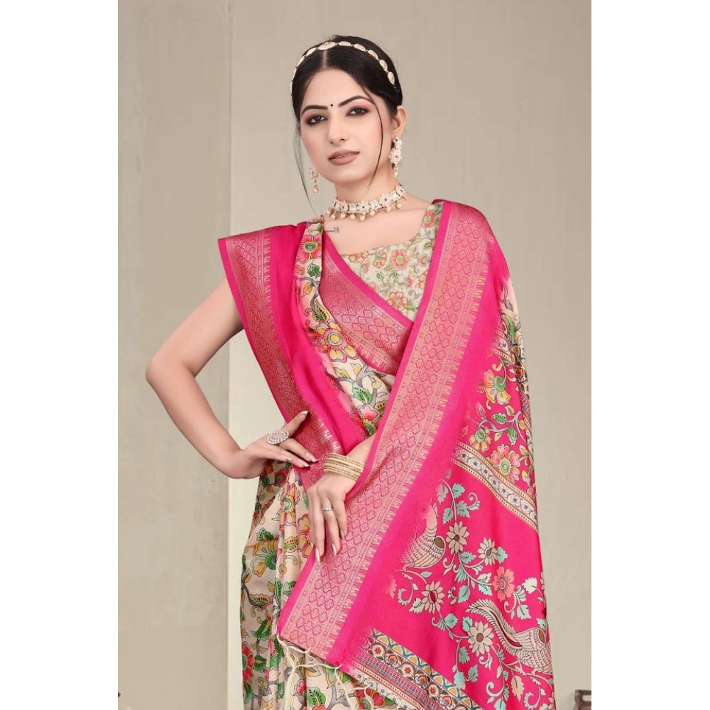 Women's Cotton Silk Printed Saree With Unstitched Blouse 5.5 Mtr (Pink)