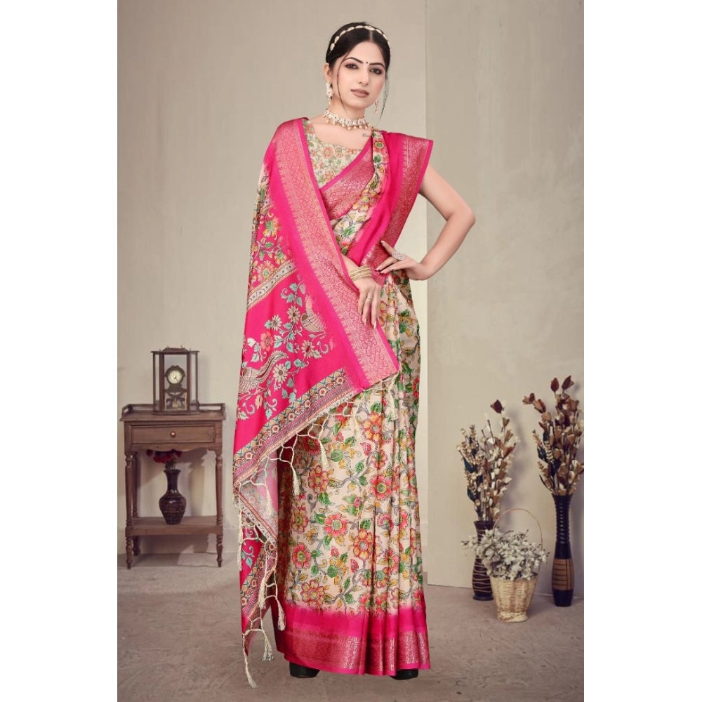 Women's Cotton Silk Printed Saree With Unstitched Blouse 5.5 Mtr (Pink)