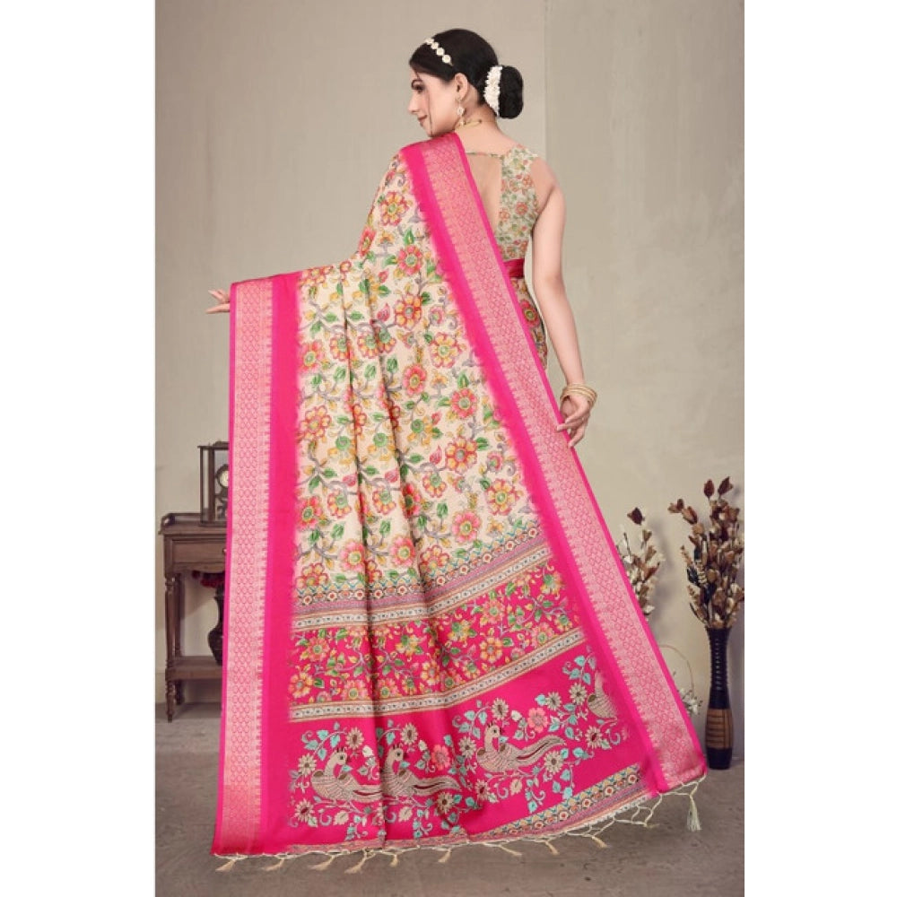 Women's Cotton Silk Printed Saree With Unstitched Blouse 5.5 Mtr (Pink)