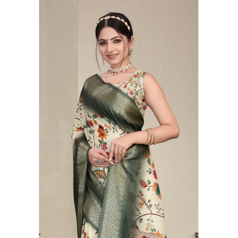 Women's Cotton Silk Printed Saree With Unstitched Blouse 5.5 Mtr (Green)