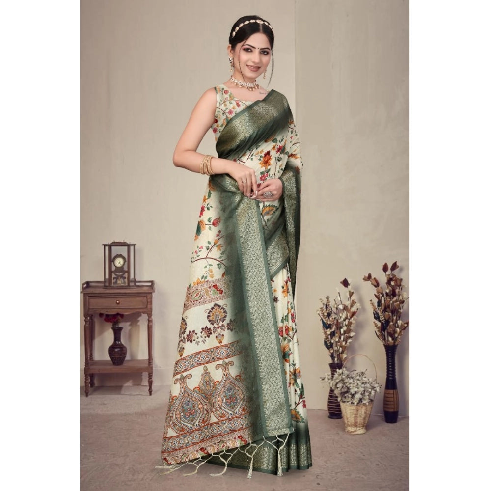 Women's Cotton Silk Printed Saree With Unstitched Blouse 5.5 Mtr (Green)