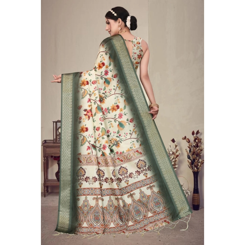 Women's Cotton Silk Printed Saree With Unstitched Blouse 5.5 Mtr (Green)