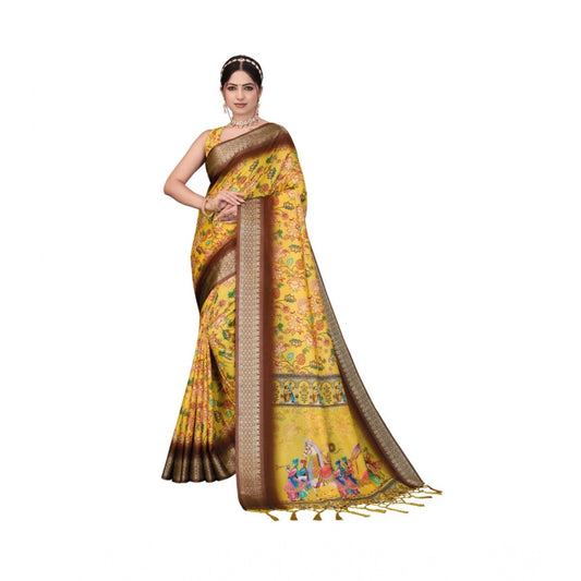 Women's Cotton Silk Printed Saree With Unstitched Blouse 5.5m (Yellow)