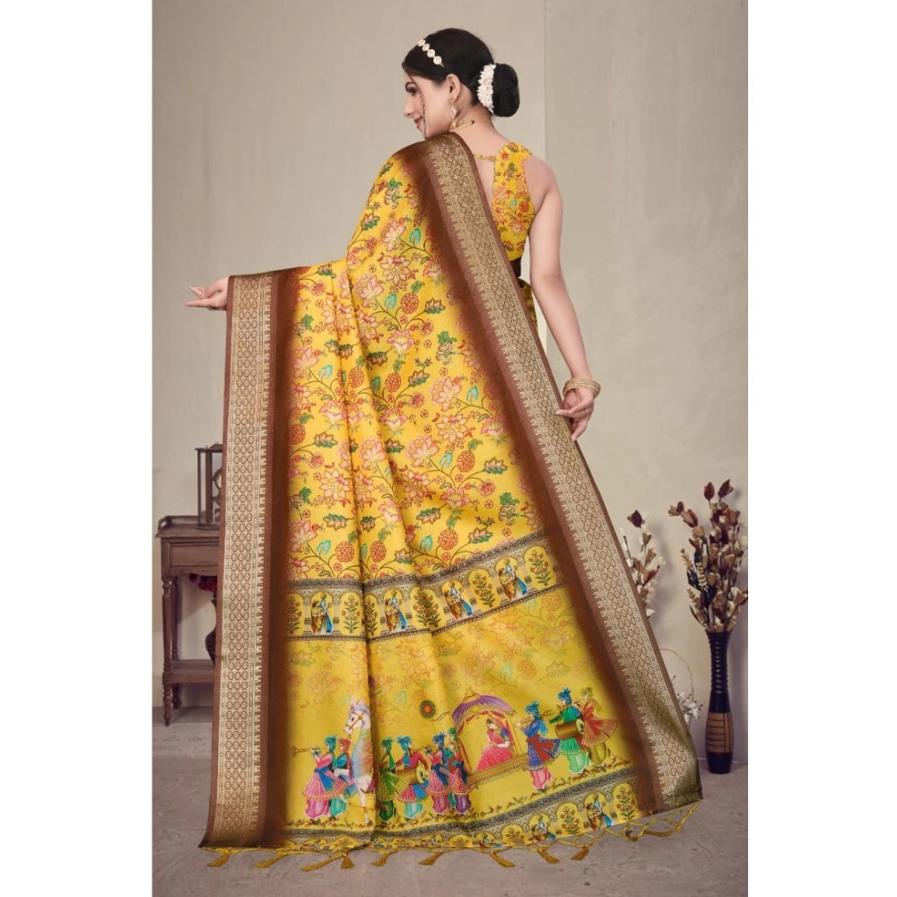 Women's Cotton Silk Printed Saree With Unstitched Blouse 5.5 Mtr (Yellow)