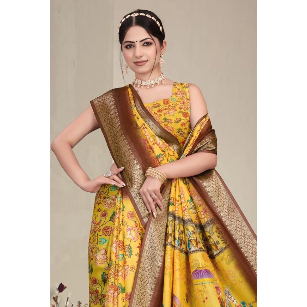 Women's Cotton Silk Printed Saree With Unstitched Blouse 5.5 Mtr (Yellow)