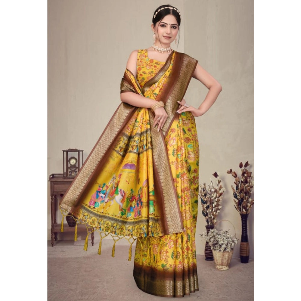 Women's Cotton Silk Printed Saree With Unstitched Blouse 5.5 Mtr (Yellow)