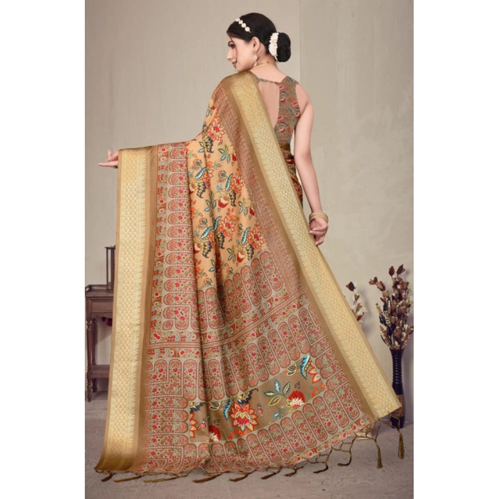 Women's Cotton Silk Printed Saree With Unstitched Blouse 5.5 Mtr (Peach)