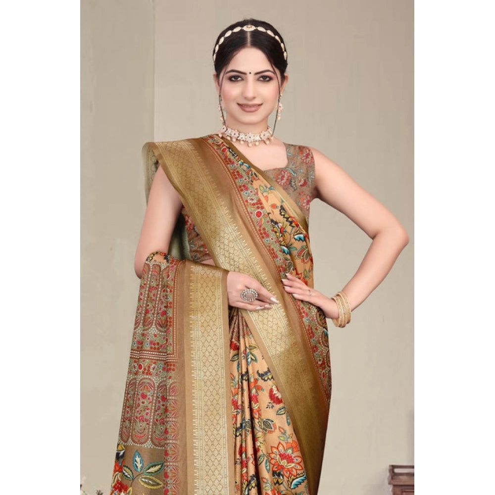 Women's Cotton Silk Printed Saree With Unstitched Blouse 5.5 Mtr (Peach)