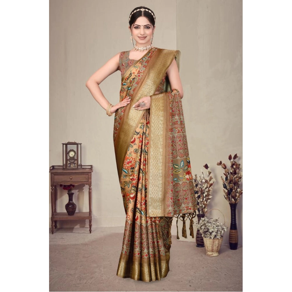 Women's Cotton Silk Printed Saree With Unstitched Blouse 5.5 Mtr (Peach)