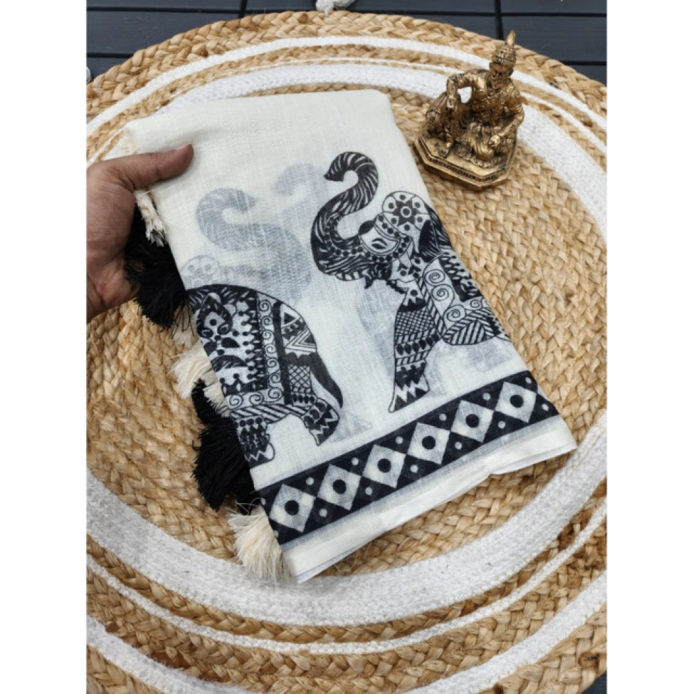 Women's Linen Cotton Printed Saree With Unstitched Blouse 5.5 Mtr (Cream & Black)