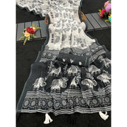 Women's Linen Cotton Printed Saree With Unstitched Blouse 5.5 Mtr (Black)