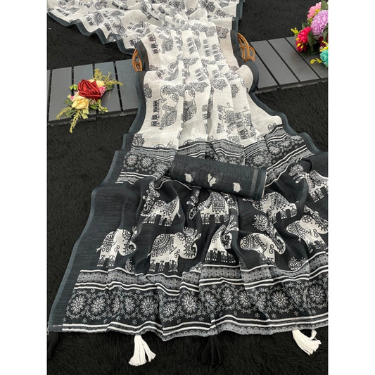 Women's Linen Cotton Printed Saree With Unstitched Blouse 5.5m (Black)