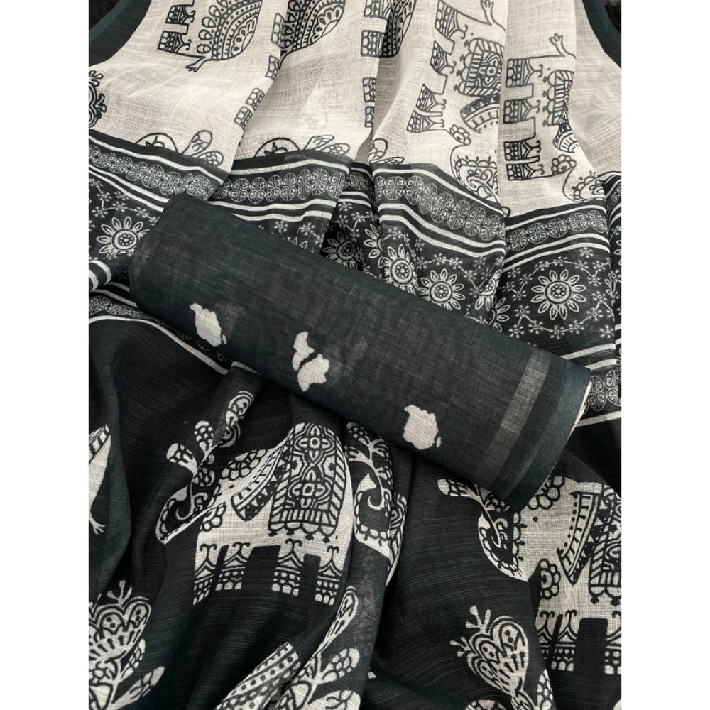 Women's Linen Cotton Printed Saree With Unstitched Blouse 5.5 Mtr (Black)