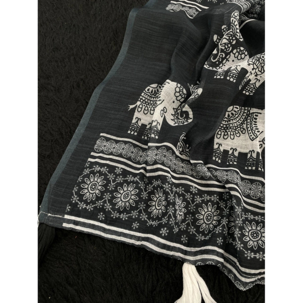 Women's Linen Cotton Printed Saree With Unstitched Blouse 5.5 Mtr (Black)
