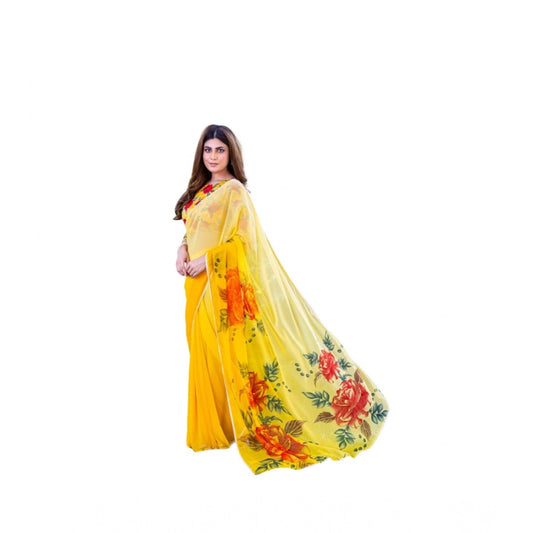 Women's Georgette Printed Saree With Unstitched Blouse 5.5m (Yellow)