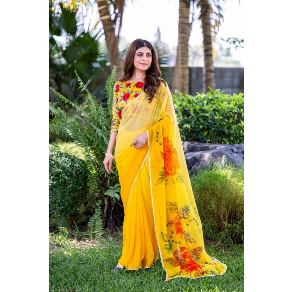 Women's Georgette Printed Saree With Unstitched Blouse 5.5 Mtr (Yellow)