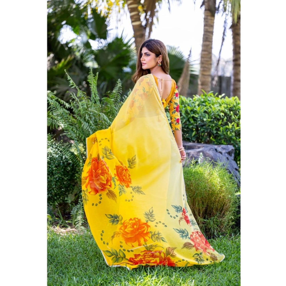 Women's Georgette Printed Saree With Unstitched Blouse 5.5 Mtr (Yellow)