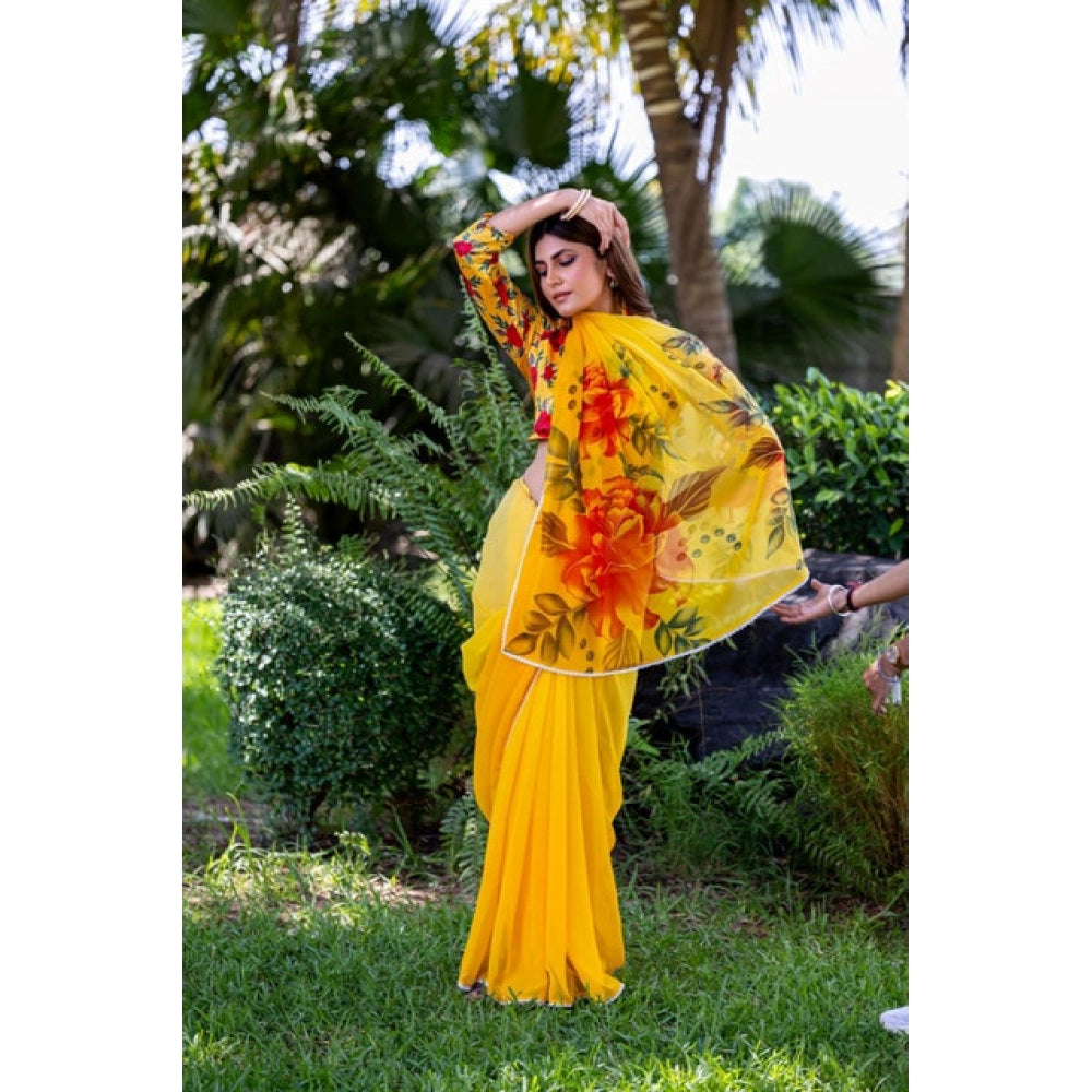 Women's Georgette Printed Saree With Unstitched Blouse 5.5 Mtr (Yellow)