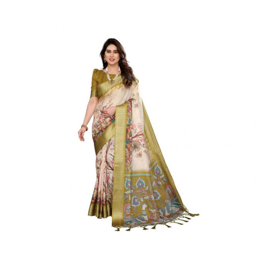 Women's Cotton Silk Printed Saree With Unstitched Blouse 5.5m (Olive Green)
