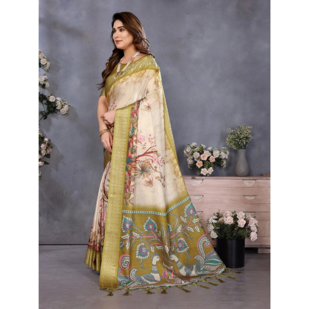 Women's Cotton Silk Printed Saree With Unstitched Blouse 5.5 Mtr (Olive Green)