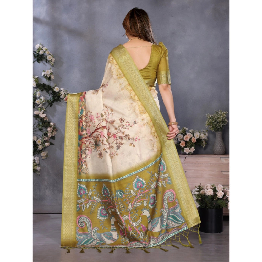 Women's Cotton Silk Printed Saree With Unstitched Blouse 5.5 Mtr (Olive Green)