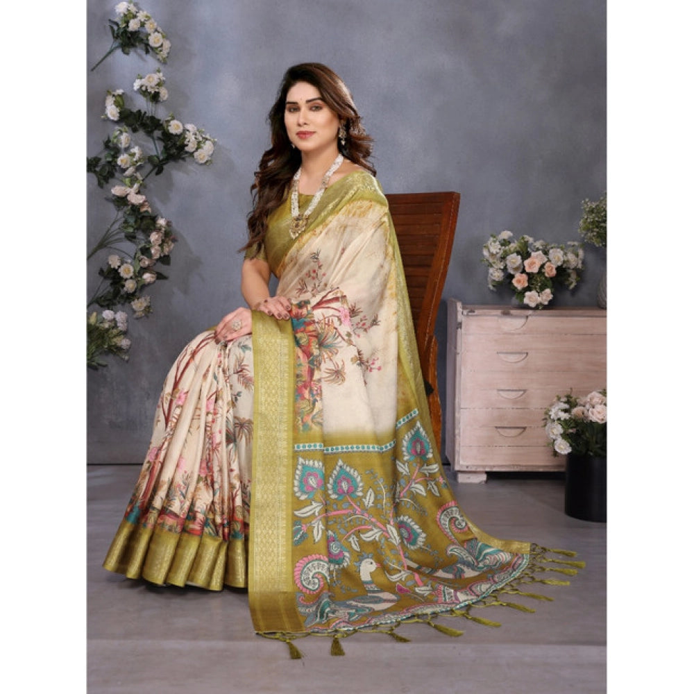 Women's Cotton Silk Printed Saree With Unstitched Blouse 5.5 Mtr (Olive Green)