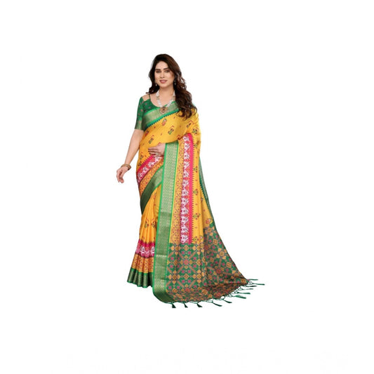 Women's Cotton Silk Printed Saree With Unstitched Blouse 5.5m (Yellow)