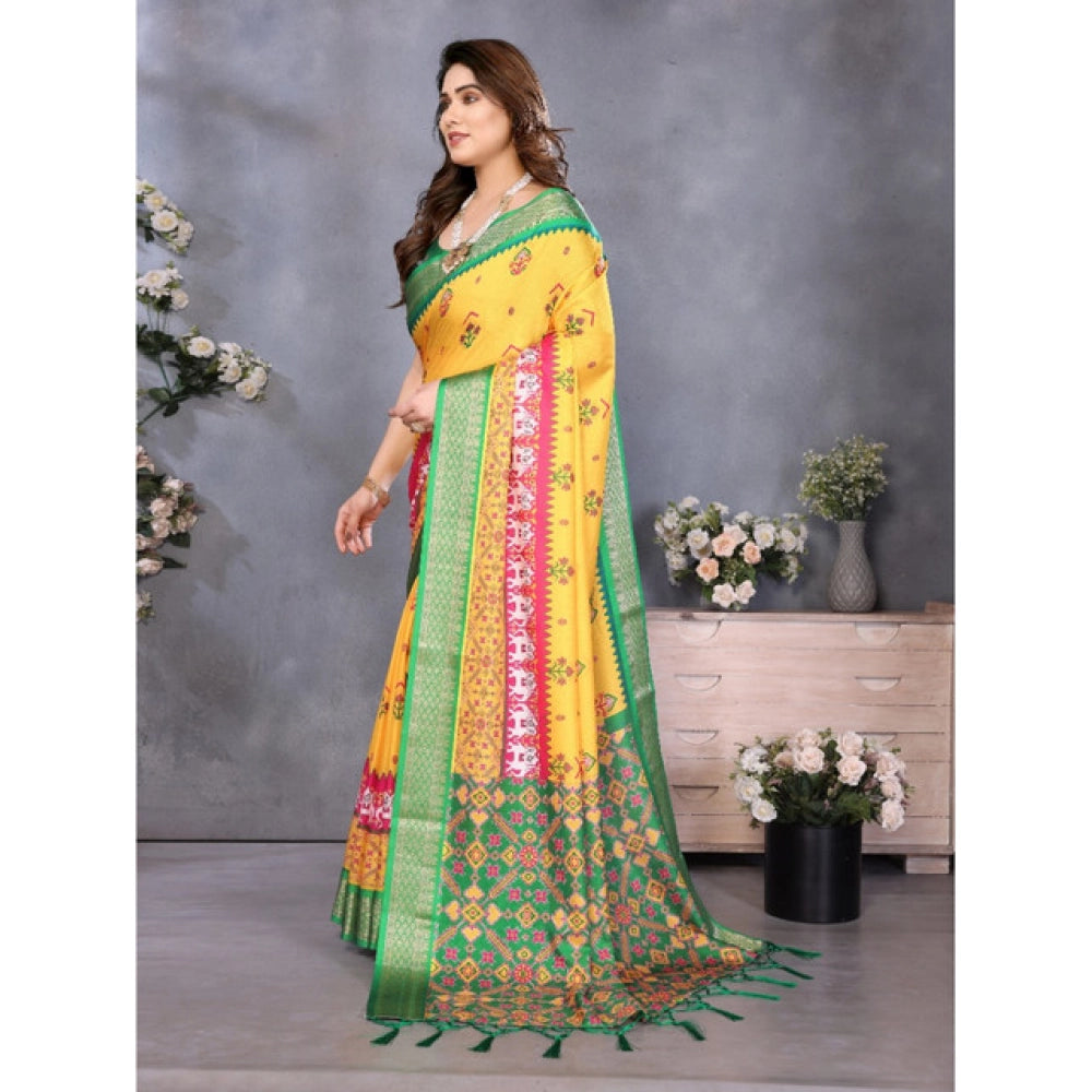 Women's Cotton Silk Printed Saree With Unstitched Blouse 5.5 Mtr (Yellow)