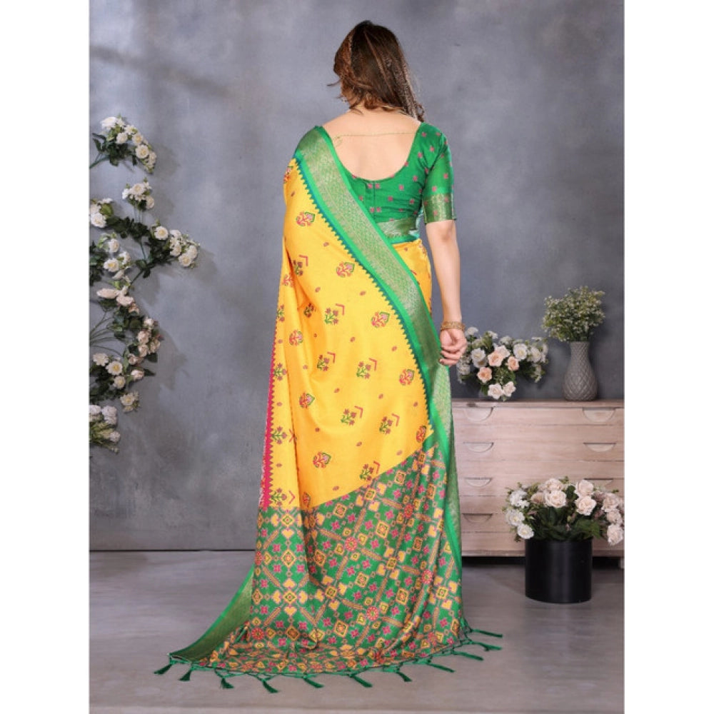 Women's Cotton Silk Printed Saree With Unstitched Blouse 5.5 Mtr (Yellow)