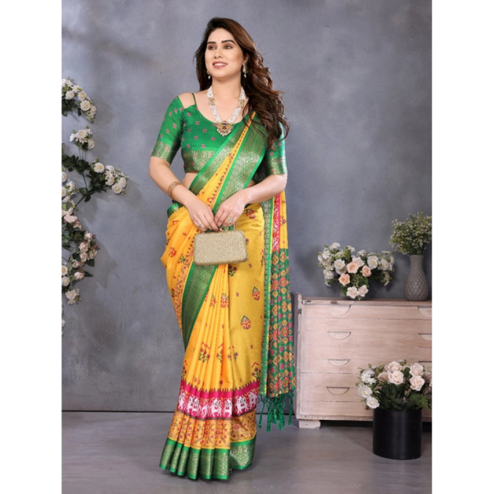 Women's Cotton Silk Printed Saree With Unstitched Blouse 5.5 Mtr (Yellow)