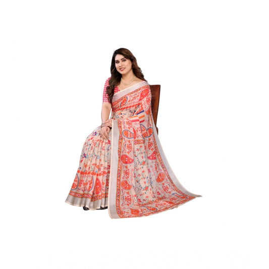 Women's Linen Cotton Printed Saree With Unstitched Blouse 5.5m (Orange )