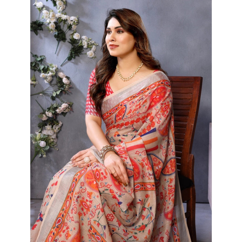 Women's Linen Cotton Printed Saree With Unstitched Blouse 5.5 Mtr (Orange )