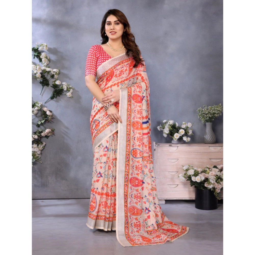 Women's Linen Cotton Printed Saree With Unstitched Blouse 5.5 Mtr (Orange )
