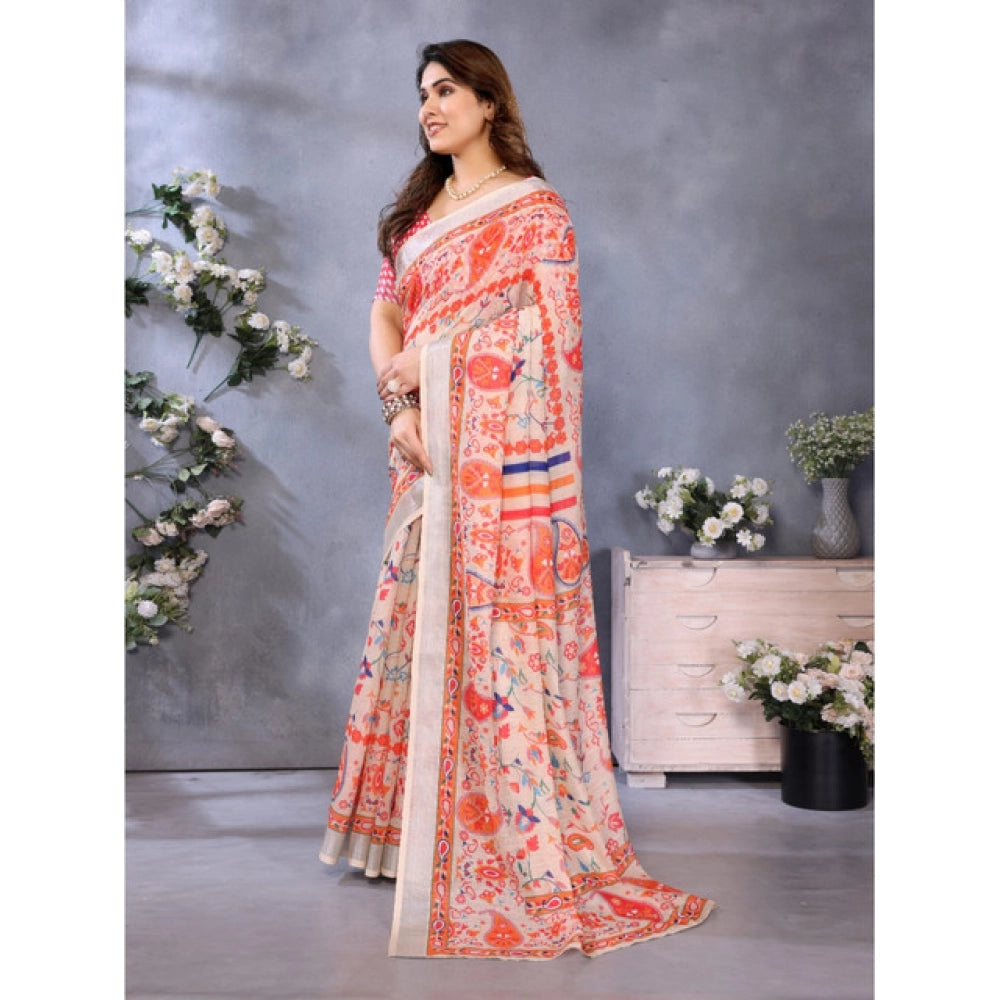 Women's Linen Cotton Printed Saree With Unstitched Blouse 5.5 Mtr (Orange )