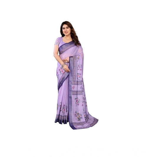 Women's Linen Cotton Printed Saree With Unstitched Blouse 5.5m (Purple)