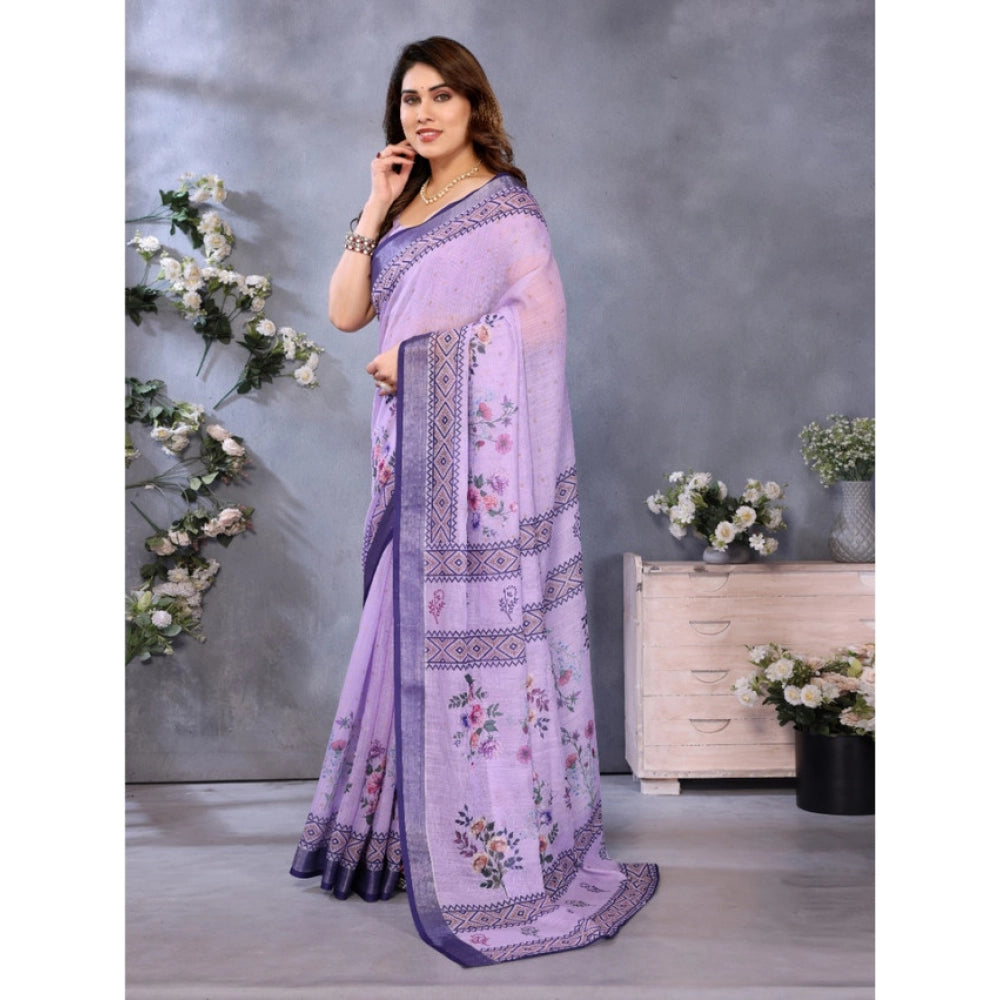 Women's Linen Cotton Printed Saree With Unstitched Blouse 5.5 Mtr (Purple)