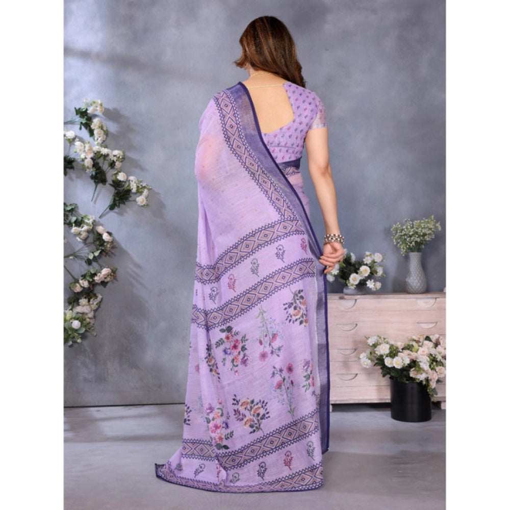 Women's Linen Cotton Printed Saree With Unstitched Blouse 5.5 Mtr (Purple)