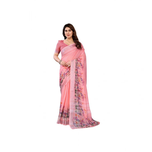 Women's Linen Cotton Printed Saree With Unstitched Blouse 5.5m (Peach)