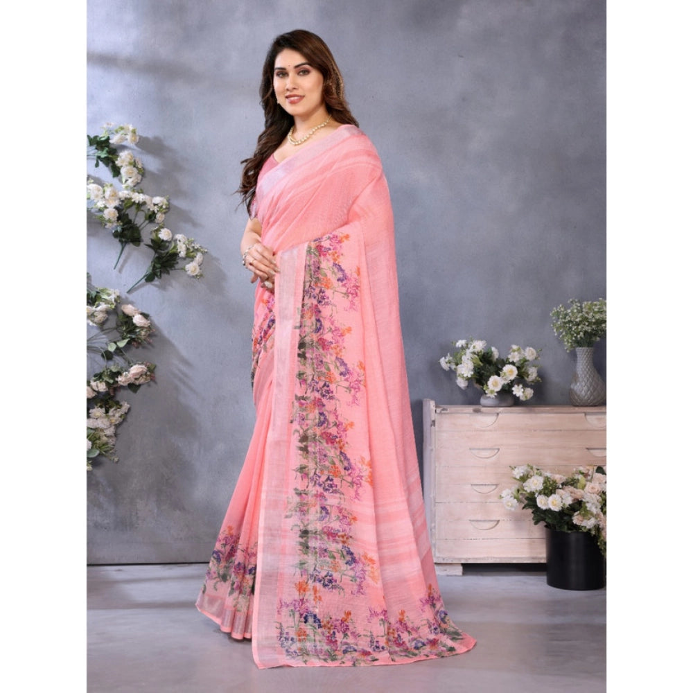 Women's Linen Cotton Printed Saree With Unstitched Blouse 5.5 Mtr (Peach)